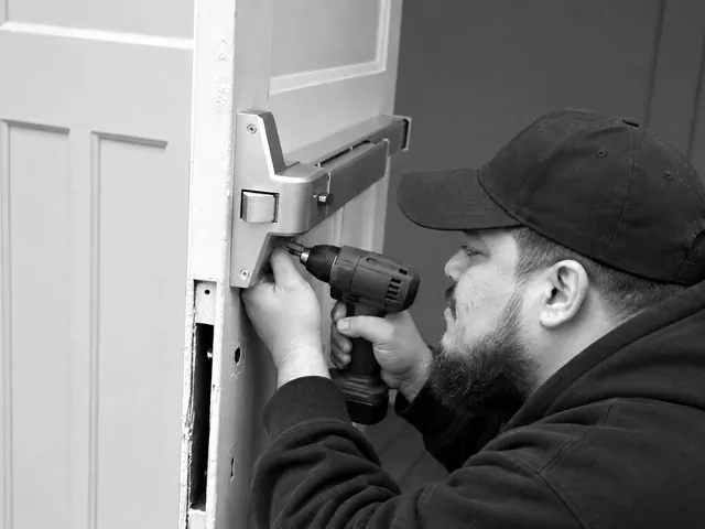 Technician fitting a panic bar to a commercial door