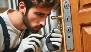 Emergency locksmith picking a residential lock, demonstrating professional lock picking skills 